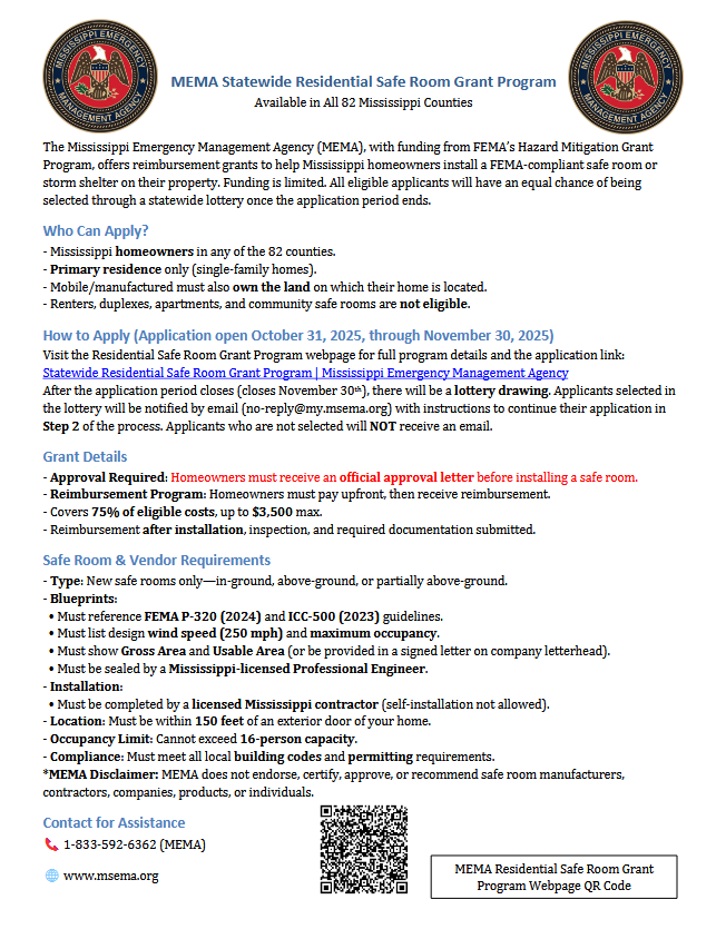 Statewide Residential Safe Room Grant Flyer preview